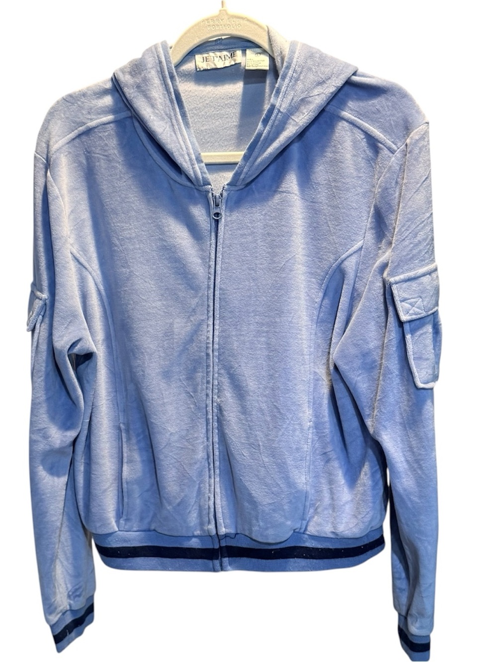 Vintage Je T'aime Light Blue Velour Cargo Zip Up Hoodie Size Large Rare.